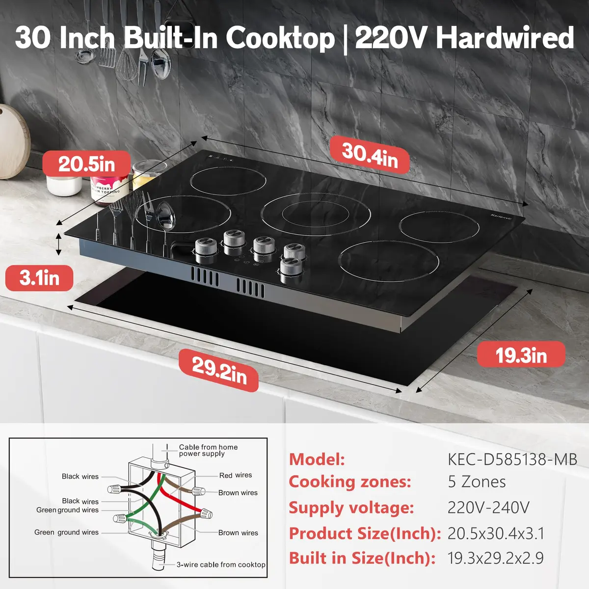 Karienvir 30 Inch 5 Burner Electric Cooktop 8500W | 220V Compatible Built-In Glass Ceramic Cooktop with Dual-Ring Burner & Safety Lock - view 8