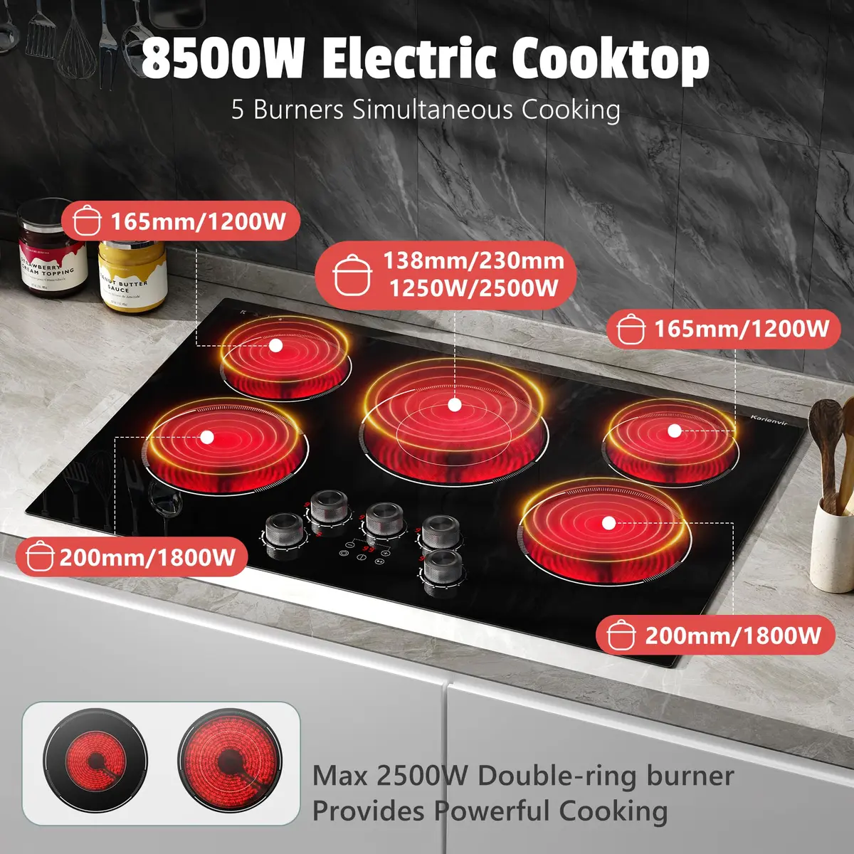 Karienvir 30 Inch 5 Burner Electric Cooktop 8500W | 220V Compatible Built-In Glass Ceramic Cooktop with Dual-Ring Burner & Safety Lock - view 2