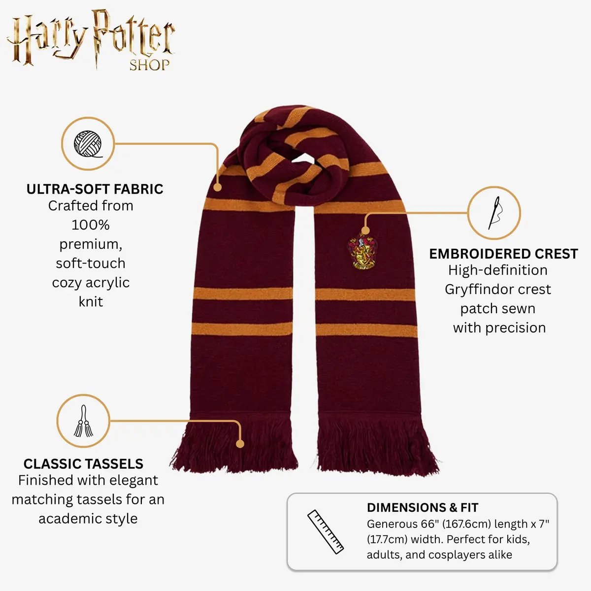 Harry Potter Gryffindor Red & Yellow Knitted Crest Scarf | 66" x 7" Warm Winter Accessory - view 3