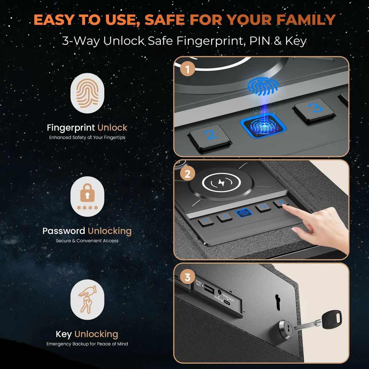 ORARAER Biometric Safe with Wireless Charging & Fingerprint Lock | Nightstand Security (70-120 chars) - view 4