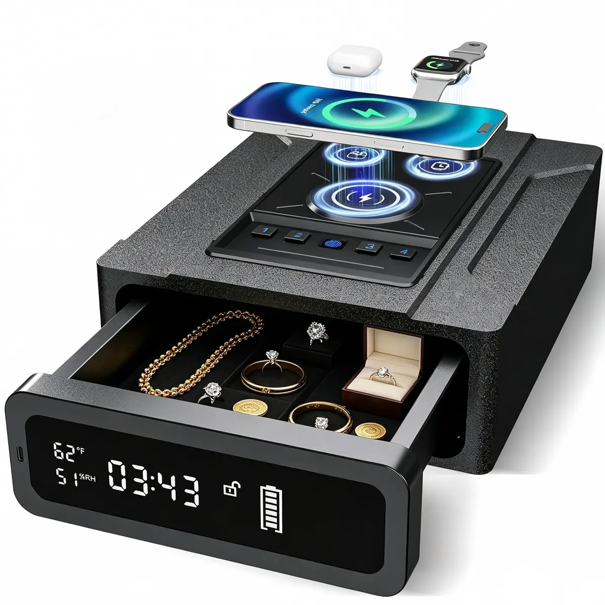 ORARAER Biometric Safe with Wireless Charging & Fingerprint Lock | Nightstand Security (70-120 chars) - main product image