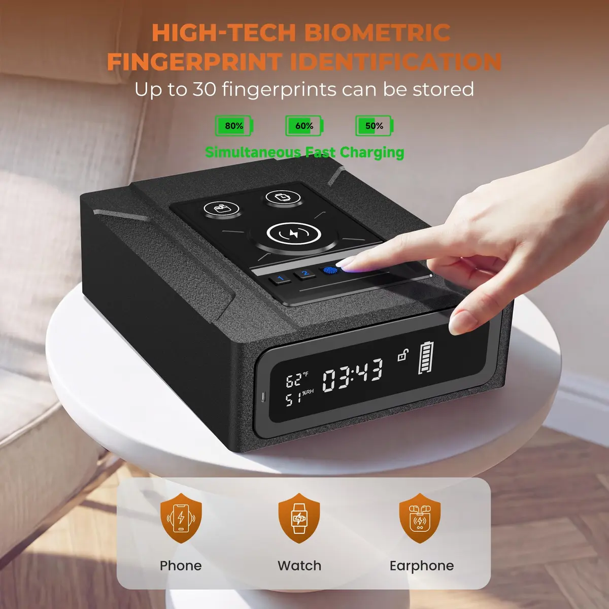 ORARAER Biometric Safe with Wireless Charging & Fingerprint Lock | Nightstand Security (70-120 chars) - view 3
