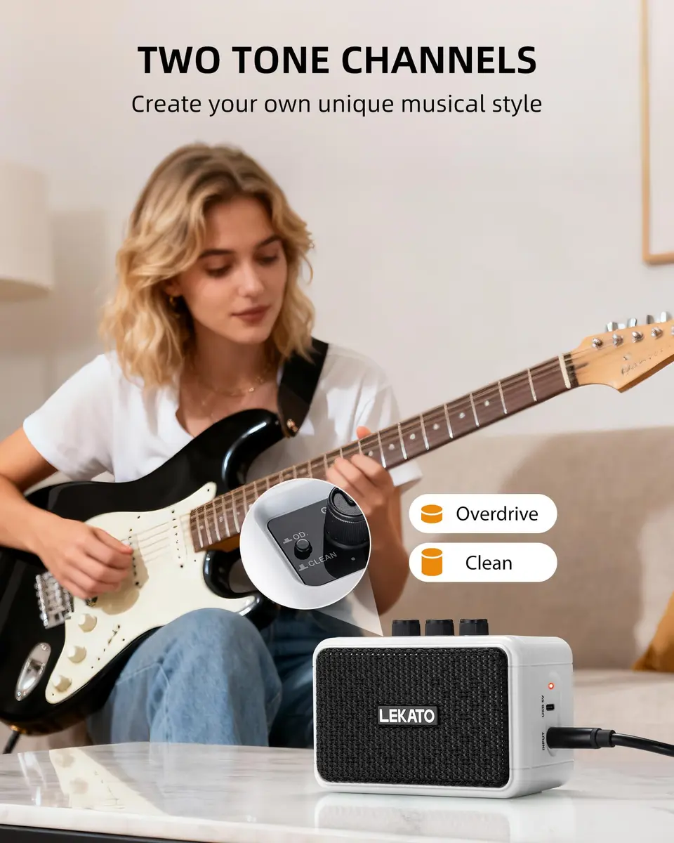 LEKATO AG-04 Mini Guitar Amplifier 5W (White) | Rechargeable Portable Amp with Bluetooth & Headphone Jack - view 2