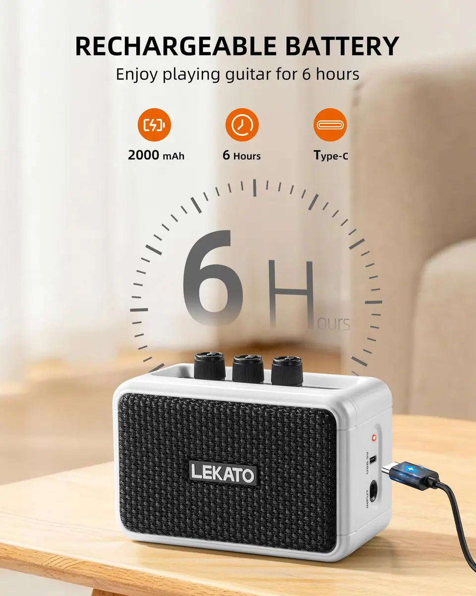 LEKATO AG-04 Mini Guitar Amplifier 5W (White) | Rechargeable Portable Amp with Bluetooth & Headphone Jack - view 3