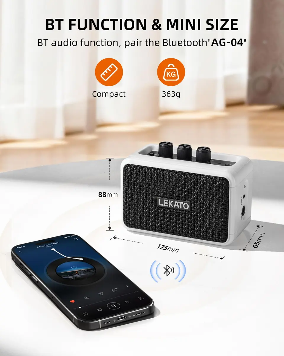 LEKATO AG-04 Mini Guitar Amplifier 5W (White) | Rechargeable Portable Amp with Bluetooth & Headphone Jack - view 4