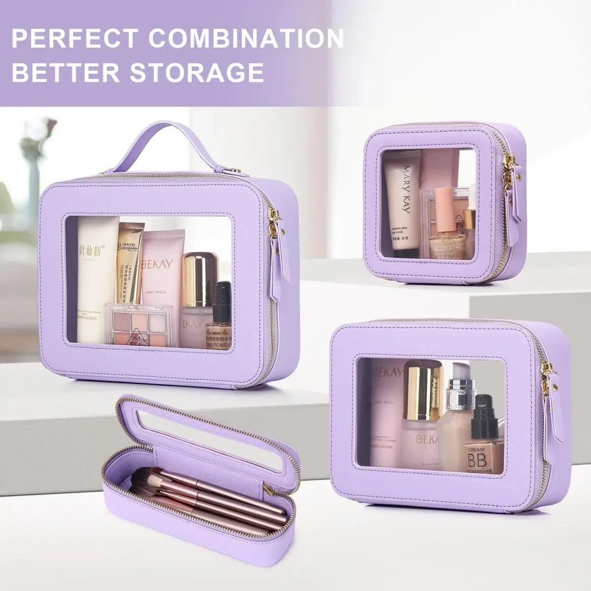 Pinkmik Clear Makeup Bag with Brush Bag, Purple, L+SLIM | TSA Approved Travel Cosmetic Organizer Set - view 6