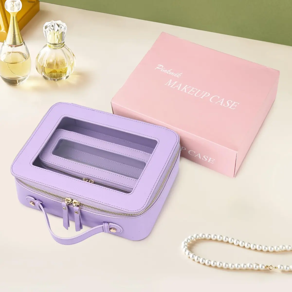 Pinkmik Clear Makeup Bag with Brush Bag, Purple, L+SLIM | TSA Approved Travel Cosmetic Organizer Set - view 7