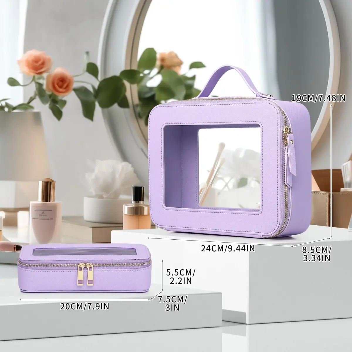 Pinkmik Clear Makeup Bag with Brush Bag, Purple, L+SLIM | TSA Approved Travel Cosmetic Organizer Set - view 3