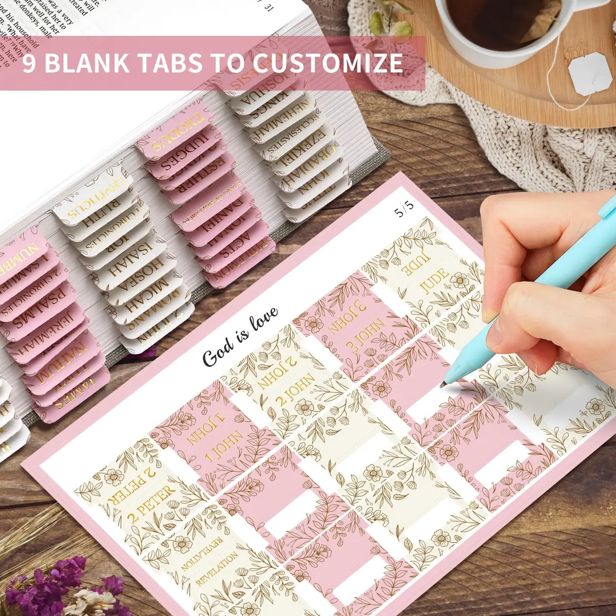 Taja Bible Tabs, 75 Large Print Index Tabs for Old & New Testament, Sketch Floral | Boho-Inspired Design - view 6