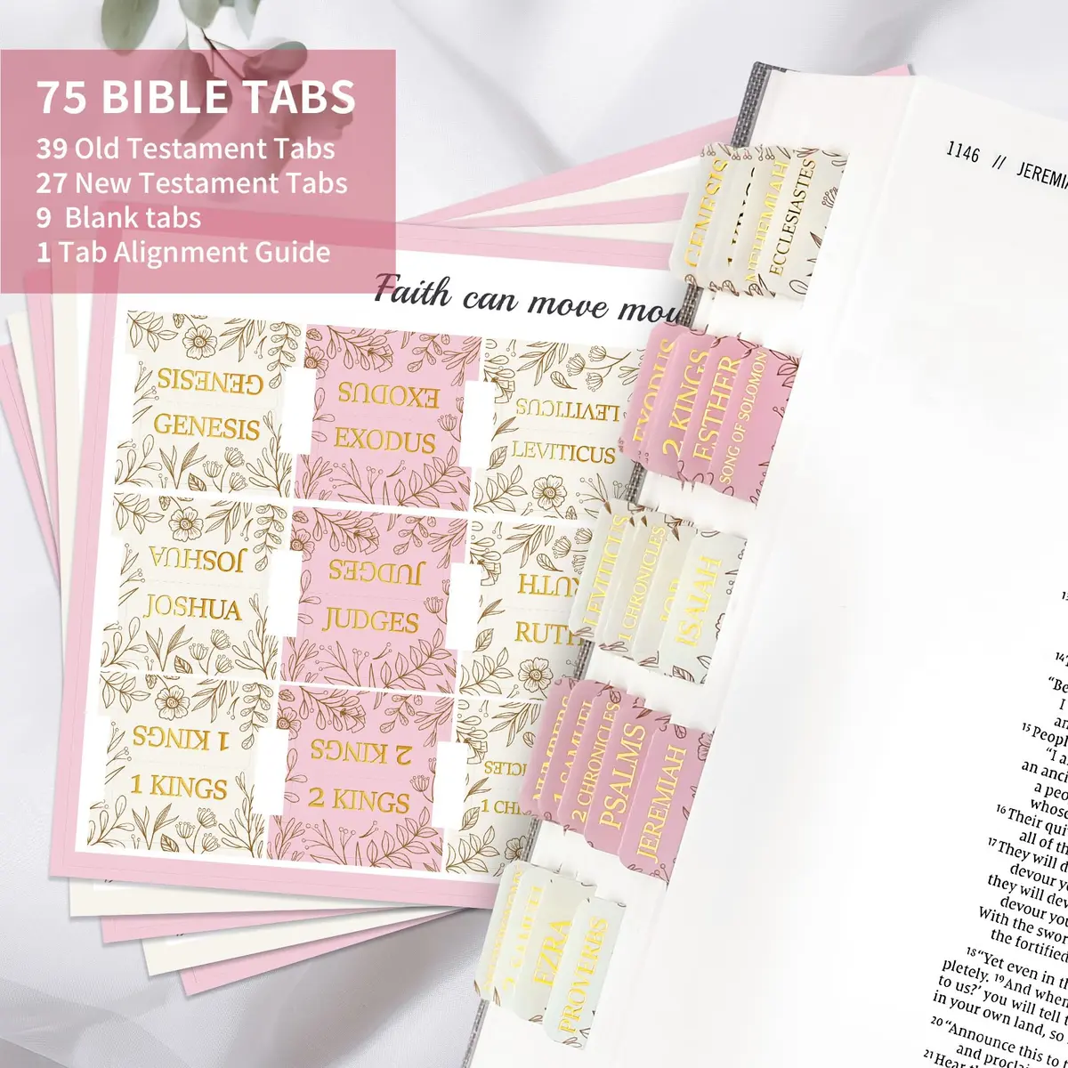 Taja Bible Tabs, 75 Large Print Index Tabs for Old & New Testament, Sketch Floral | Boho-Inspired Design - view 2