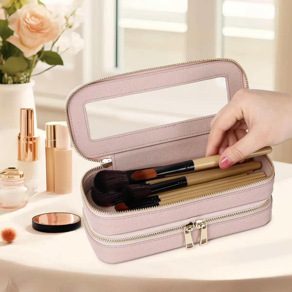 Pinkmik Double Layer Makeup Bag, Pink, Double SLIM | Travel Brush Holder Organizer - view 2