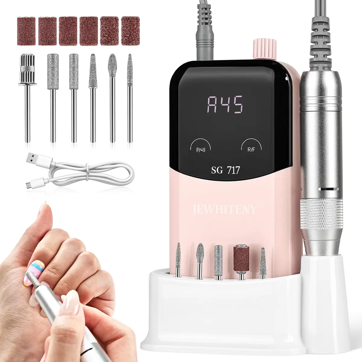 JEWHITENY SG717 Rechargeable Cordless Nail Drill 45000RPM with 6 Bits & 6 Sanding Bands | Professional Electric Nail File for Acrylic Gel Nails - main product image