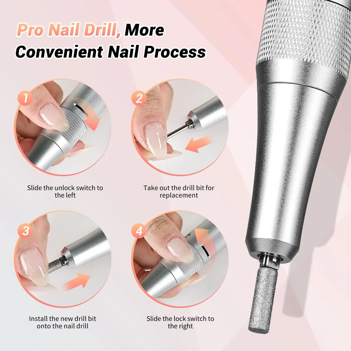 JEWHITENY SG717 Rechargeable Cordless Nail Drill 45000RPM with 6 Bits & 6 Sanding Bands | Professional Electric Nail File for Acrylic Gel Nails - view 5