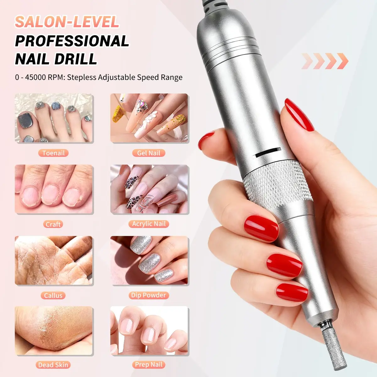 JEWHITENY SG717 Rechargeable Cordless Nail Drill 45000RPM with 6 Bits & 6 Sanding Bands | Professional Electric Nail File for Acrylic Gel Nails - view 2