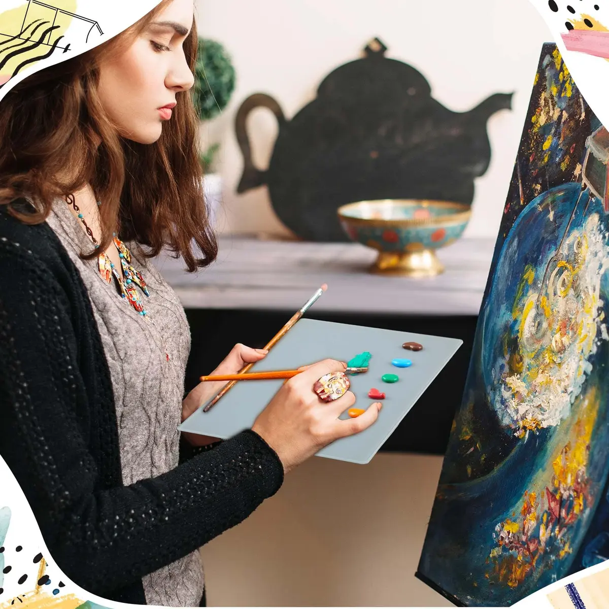 Nuanchu Glass Oil Paint Palette with Airtight Lid 34.8 cm x 24 cm (13.7" x 9.4") | Grey Tempered Glass for Oil, Acrylic, Watercolor - view 6