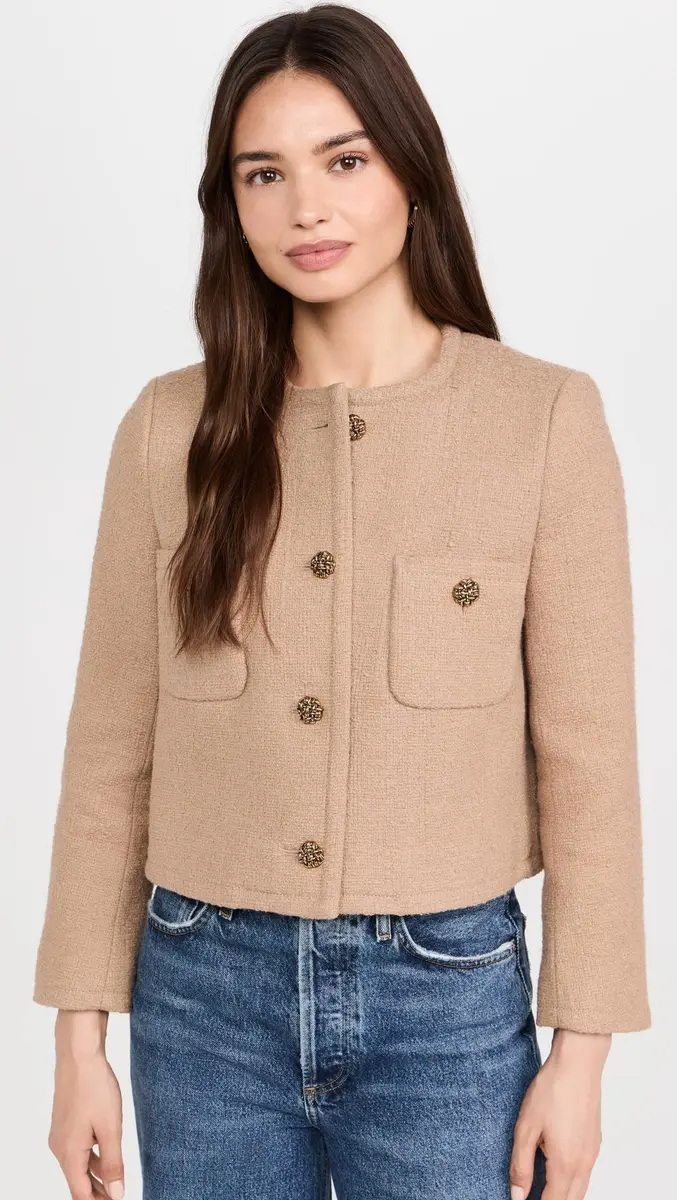 ba&sh Meredith Jacket, Camel, Size 4 | Boxy Cut with Round Neck & Jewel Buttons - view 2