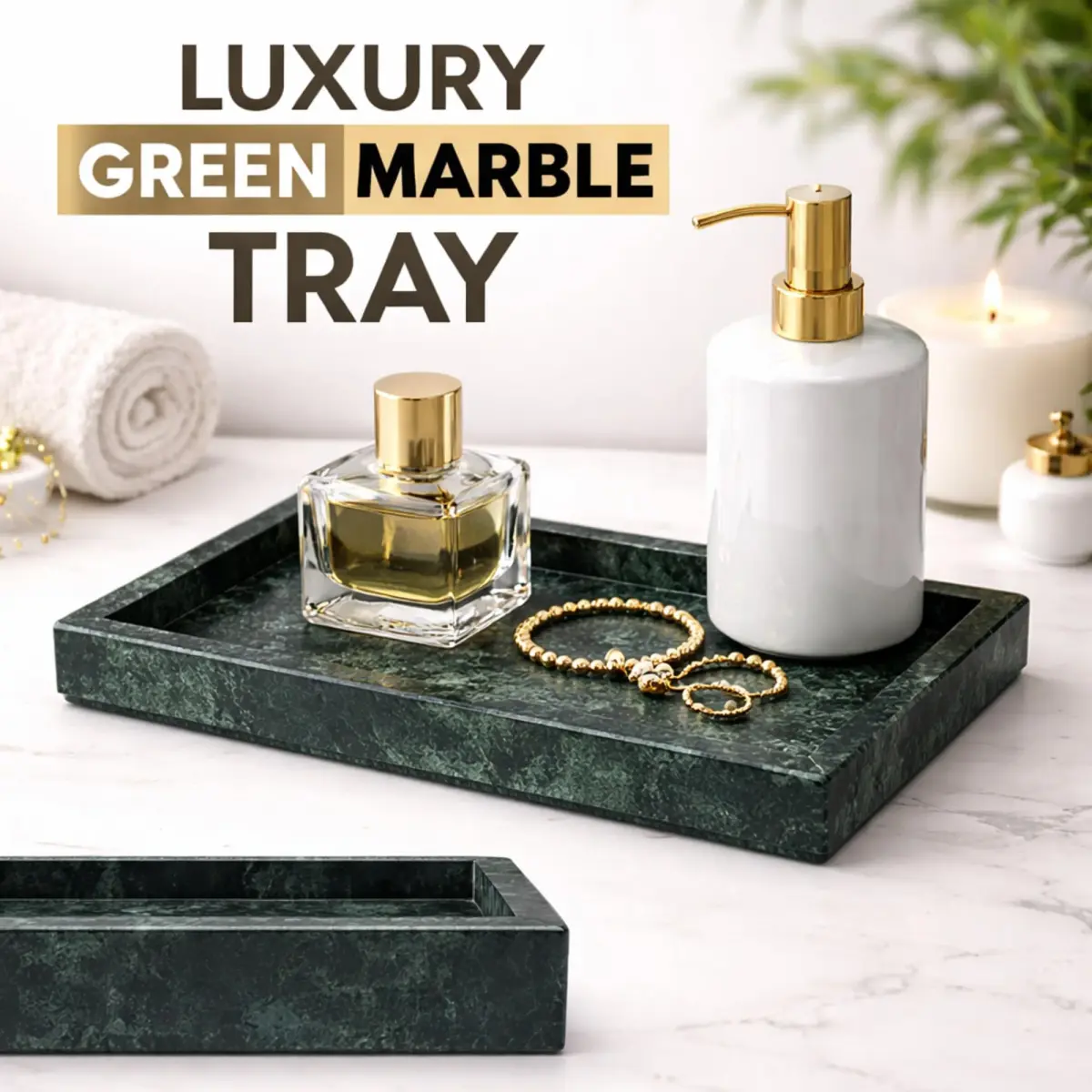 KC KULLICRAFT Natural Green Marble Tray 30cm (12" x 8") | Solid Stone Organizer for Kitchen & Bath - view 6