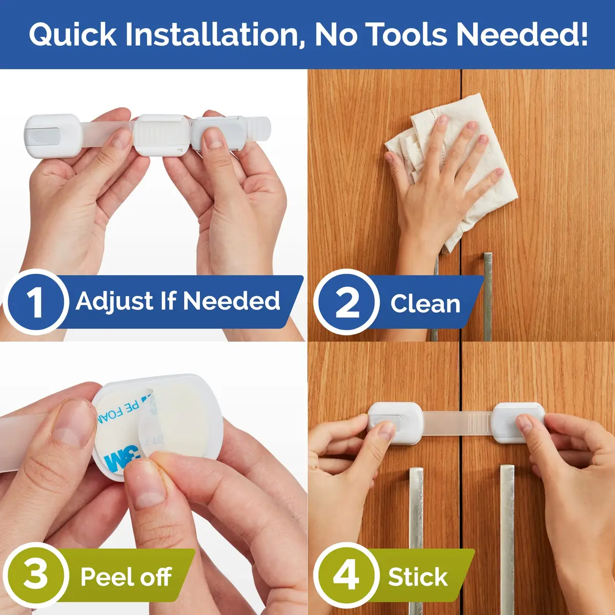Wappa Child Safety Strap Locks (12 Pack) Baby Locks for Cabinets & Drawers | No Drilling, Easy Install, White/Gray - view 5