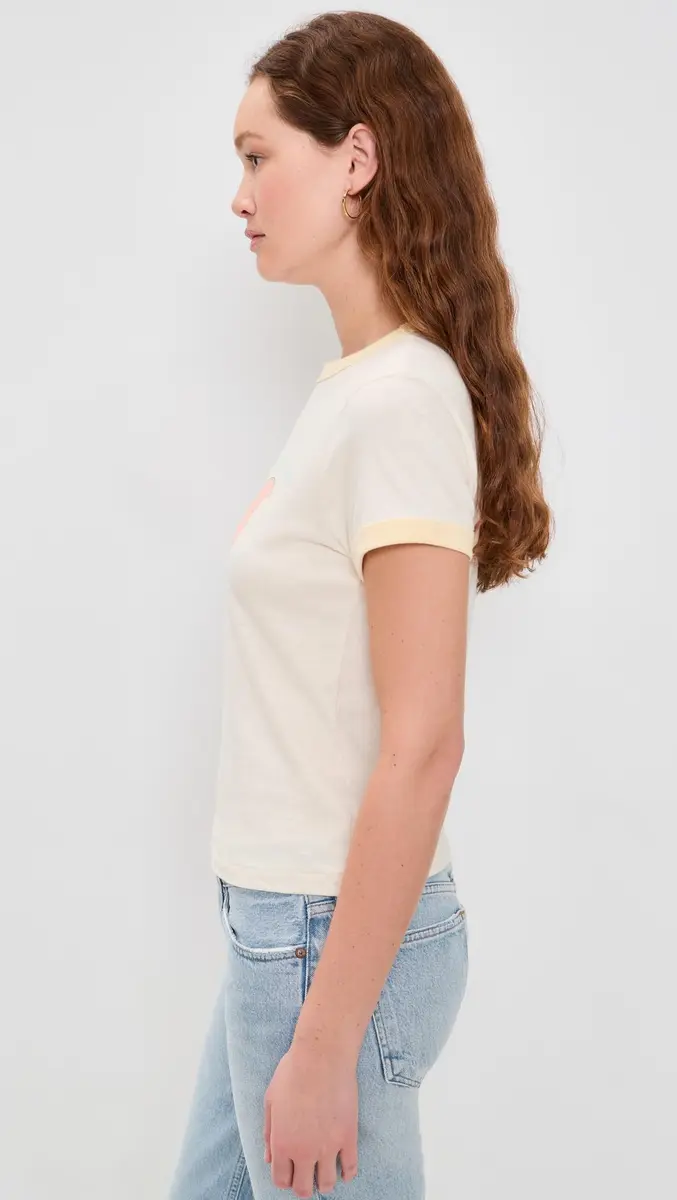 RE/DONE Womens 60s Slim Ringer TEE Dumbo, Vintage White W/SHORTBREAD, XS | Crew Neck, Short Sleeve, Solid - view 3