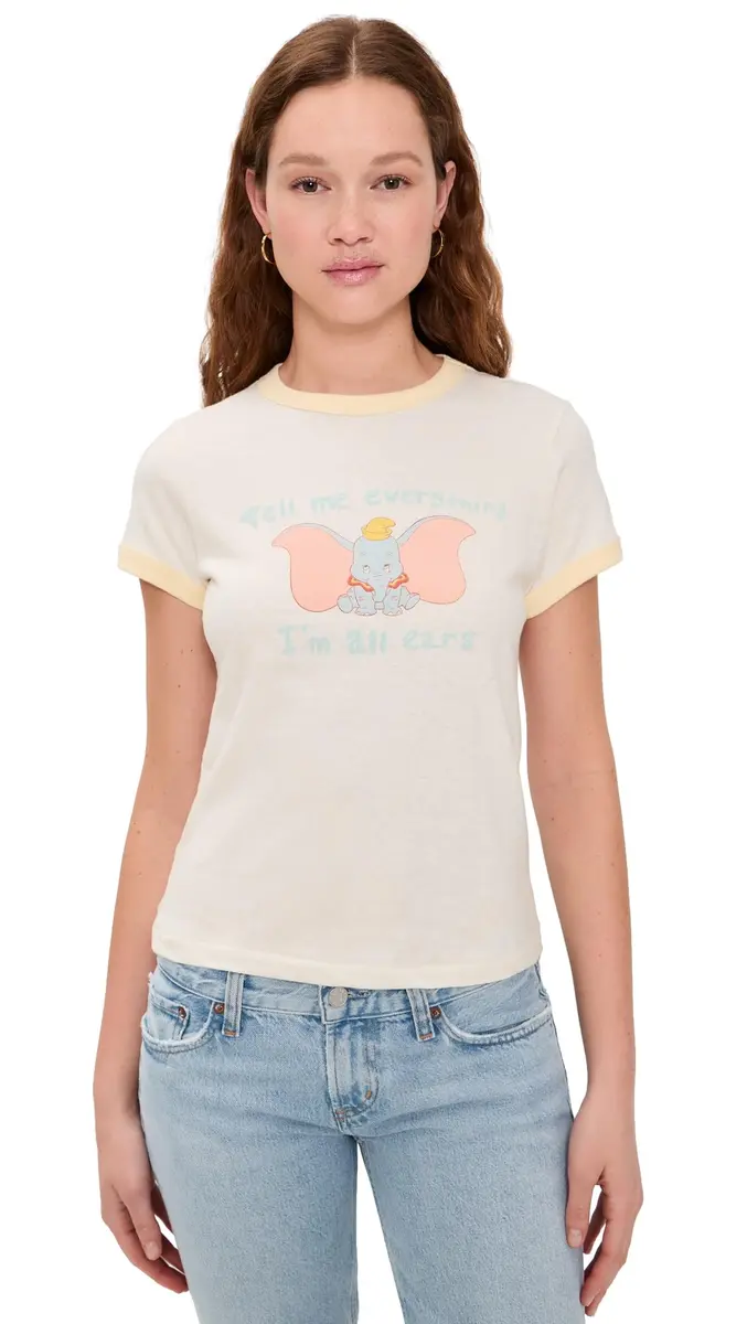 RE/DONE Womens 60s Slim Ringer TEE Dumbo | Crew Neck, Vintage White, Large - main product image