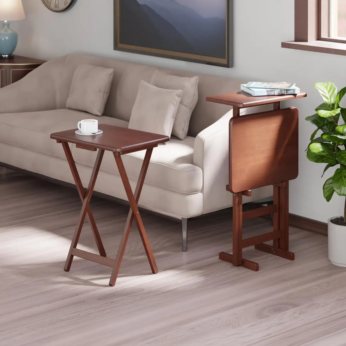 Winsome Riley Set of 2 Foldable Snack Tables with Storage Rack | Space-Saving Wooden TV Trays for Home & Office - view 3