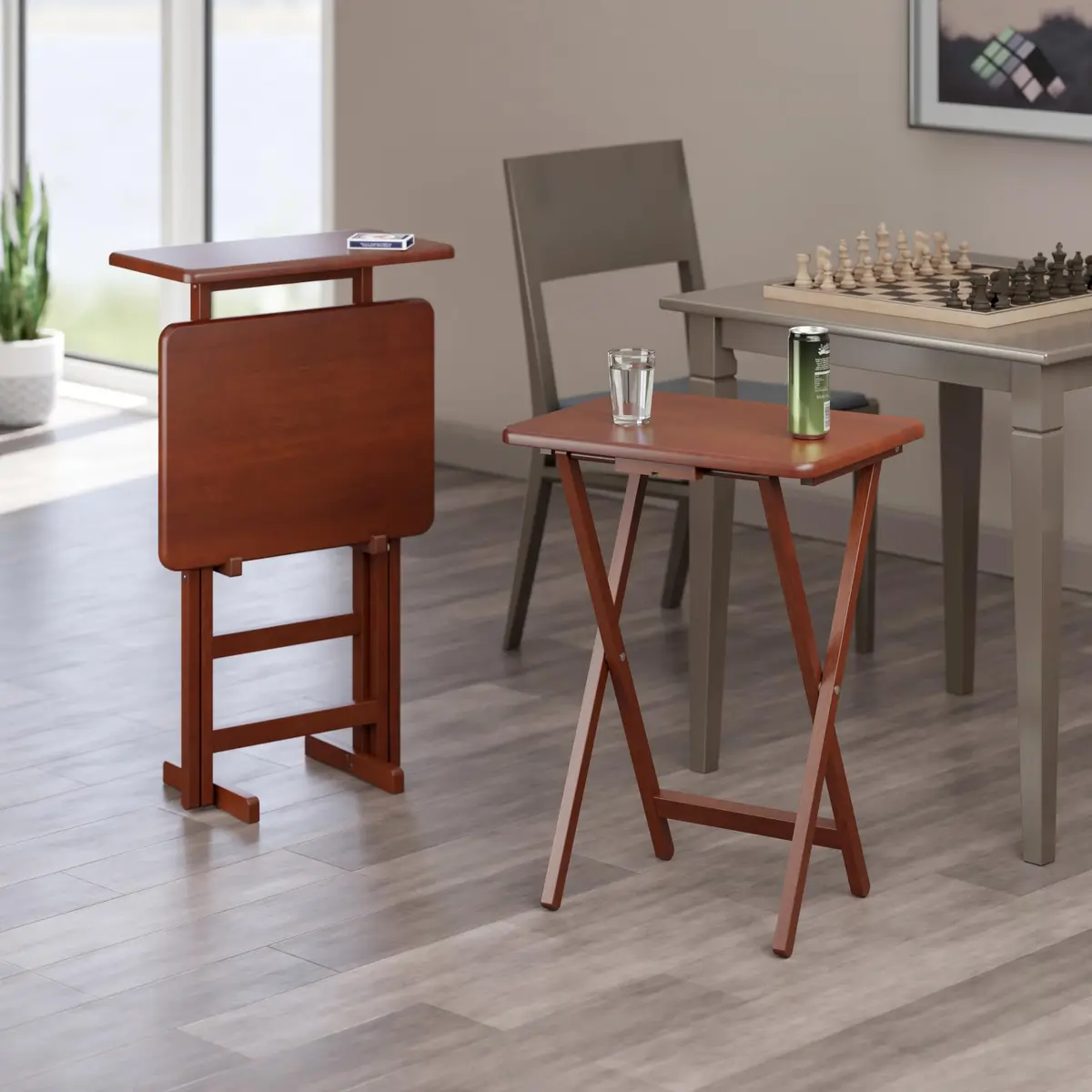 Winsome Riley Set of 2 Foldable Snack Tables with Storage Rack | Space-Saving Wooden TV Trays for Home & Office - view 4