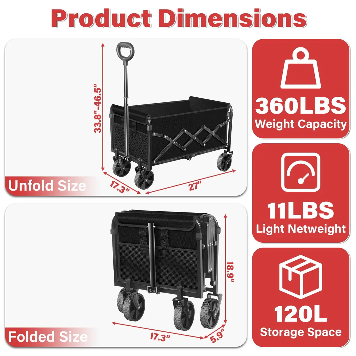 Exovyn Heavy Duty Collapsible Utility Wagon Cart 360 Lbs | Portable Garden & Beach Trolley - view 2