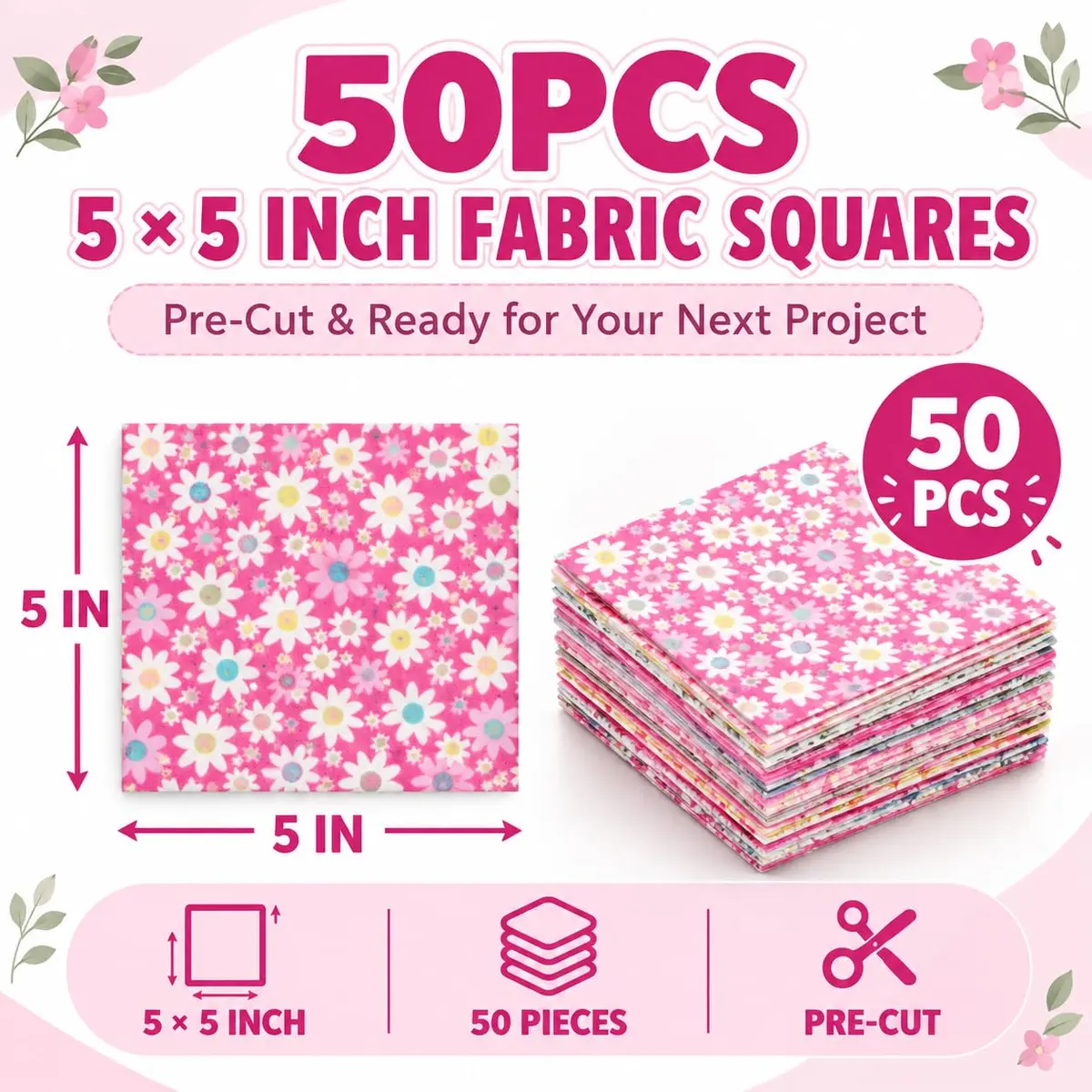 Asofelk Pink Floral Quilting Fabric Squares 5x5 Inch | Assorted Cotton Charm Pack for Sewing & Patchwork - view 2