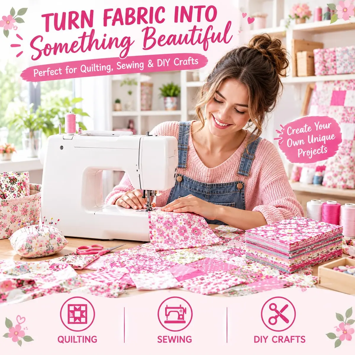 Asofelk Pink Floral Quilting Fabric Squares 5x5 Inch | Assorted Cotton Charm Pack for Sewing & Patchwork - view 3