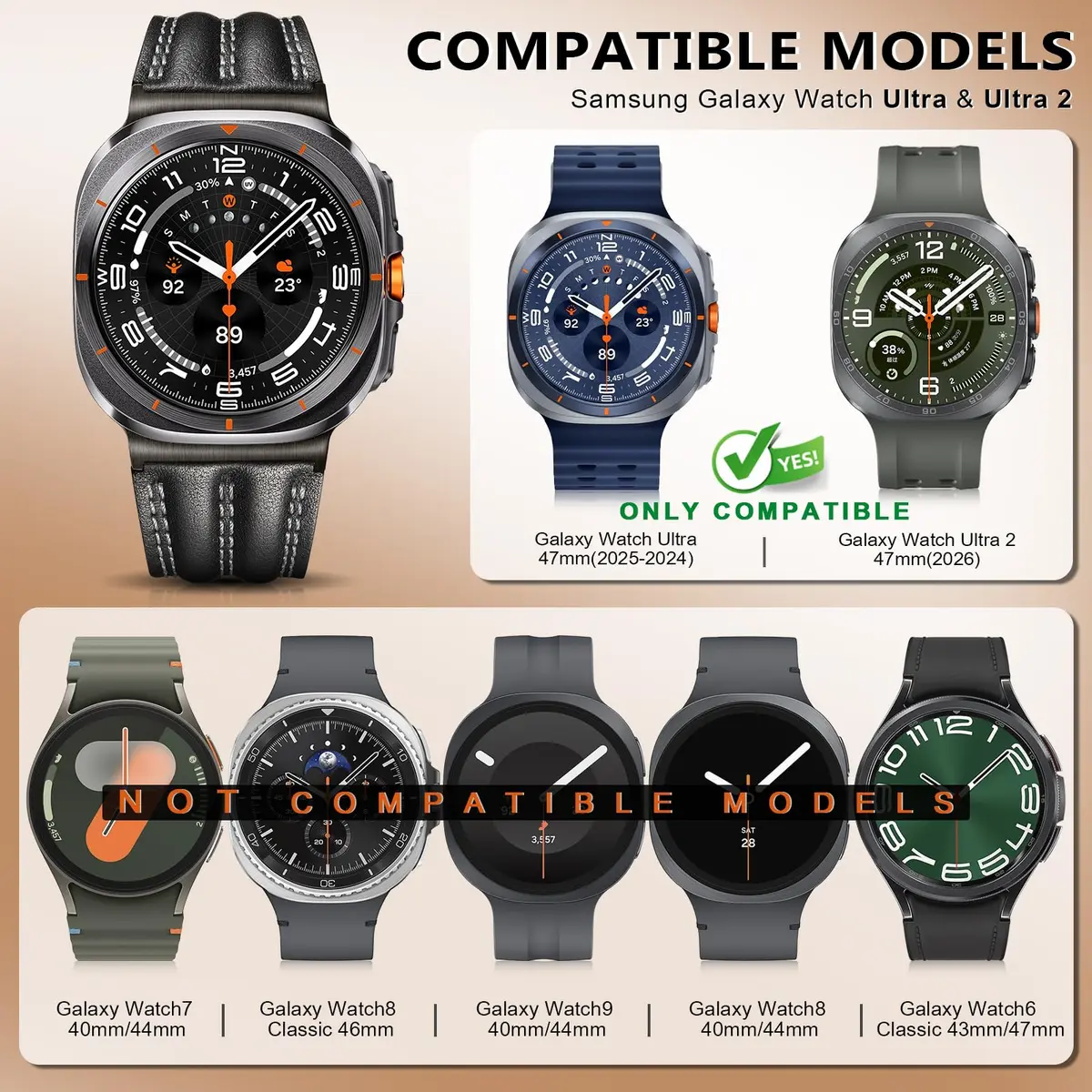 Tlselt Leather Band for Samsung Galaxy Watch Ultra 2/Ultra 47mm | Rugged Vintage Style, Durable Leather, Fits 6.2"–8.9" Wrist - view 2