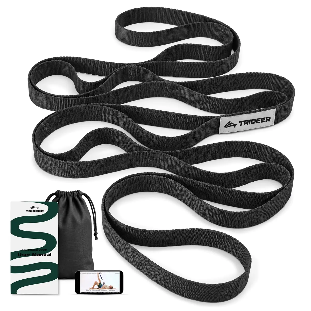 Trideer Stretching Strap with Loops for Physical Therapy, Non-Elastic | 75 inch, Polypropylene, Black, PT Style - main product image