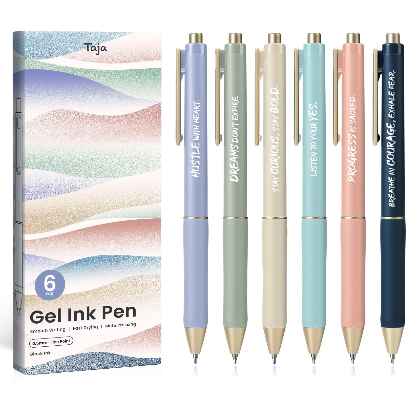 Taja Pastel-Motivate Gel Pens (6 Pcs, 0.5mm Fine Point) | Smooth Writing, Quick Dry Ink - main product image