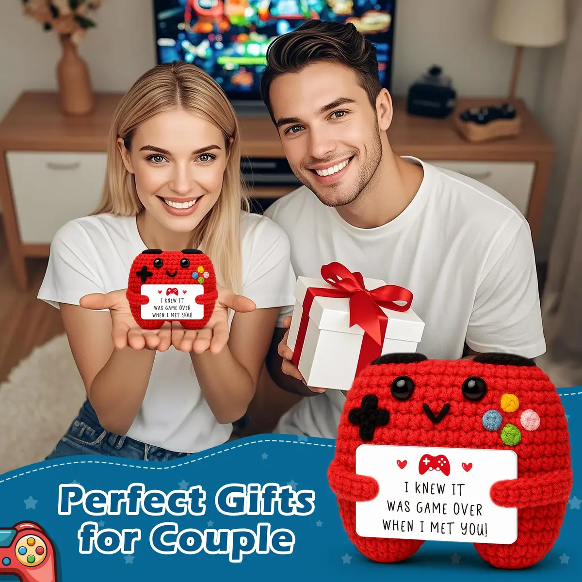 Busy Gaming Life Handmade Crochet Game Controller Decor | Romantic Gift for Couples, Valentine's Day, Anniversary, Room Decor for Boyfriend Girlfriend, Gaming Room Accessories Stuff (Red) - view 6