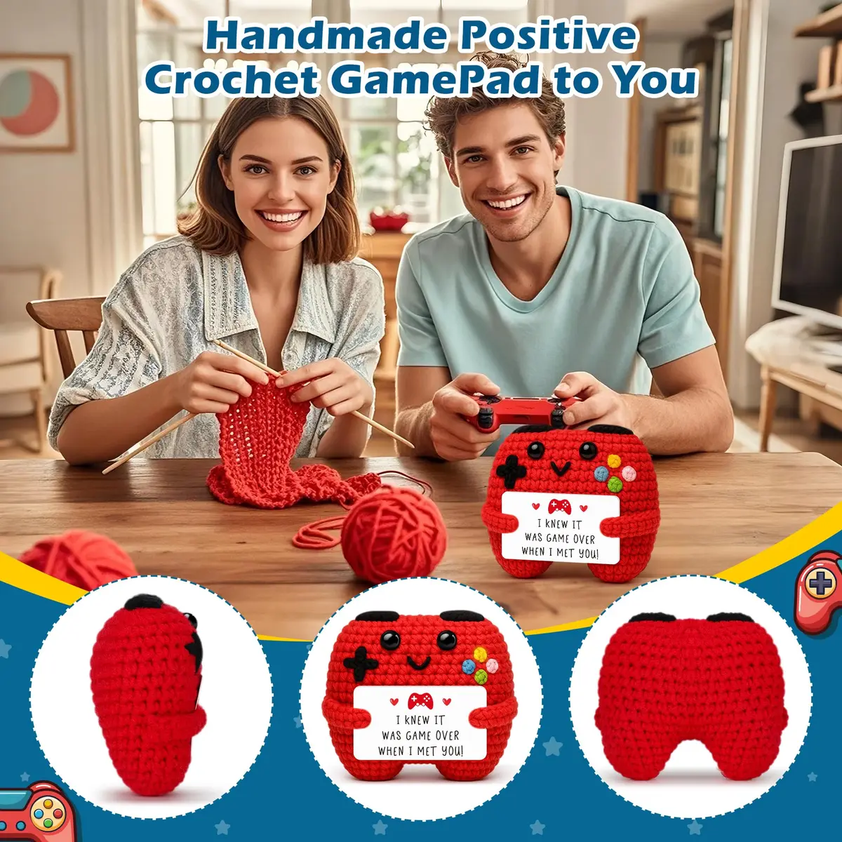 Busy Gaming Life Handmade Crochet Game Controller Decor | Romantic Gift for Couples, Valentine's Day, Anniversary, Room Decor for Boyfriend Girlfriend, Gaming Room Accessories Stuff (Red) - view 3