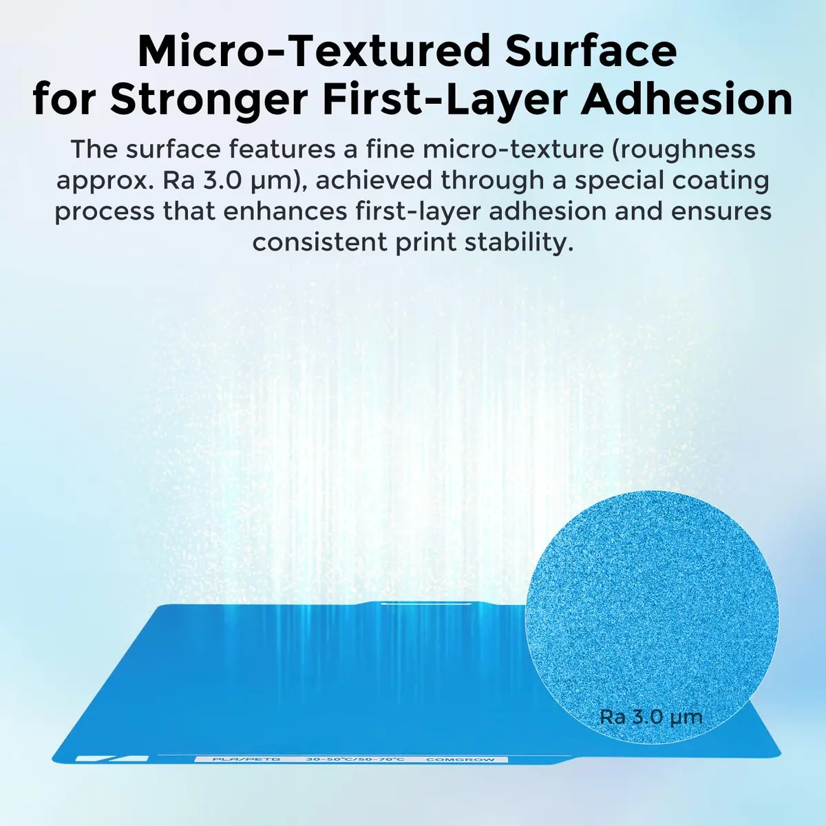 Comgrow ArcticGrip Aurora Build Plate 257x257mm | Frost Matte Blue Cold Print Surface for Bambu Lab A1/P1/X1 - view 5