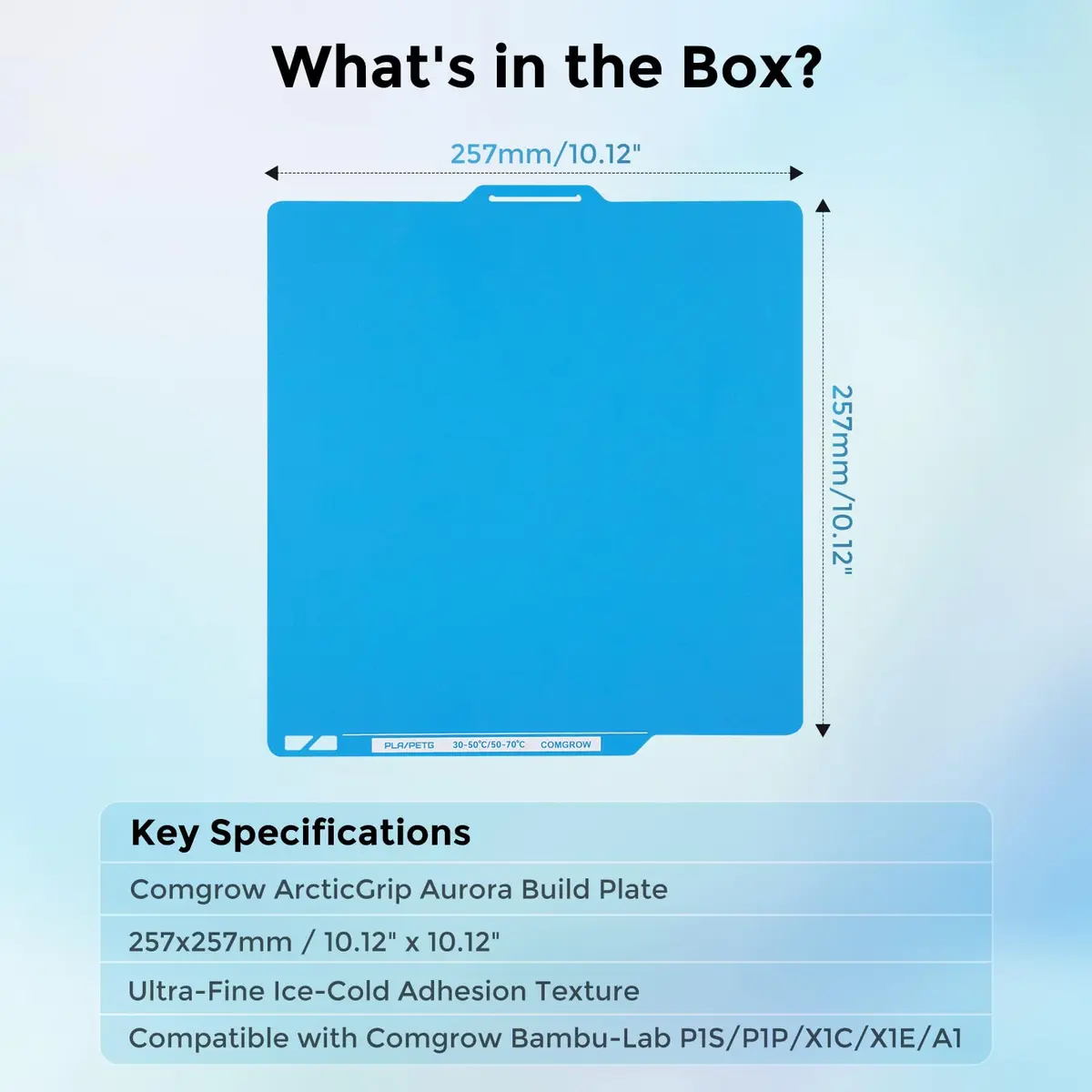 Comgrow ArcticGrip Aurora Build Plate 257x257mm | Frost Matte Blue Cold Print Surface for Bambu Lab A1/P1/X1 - view 8