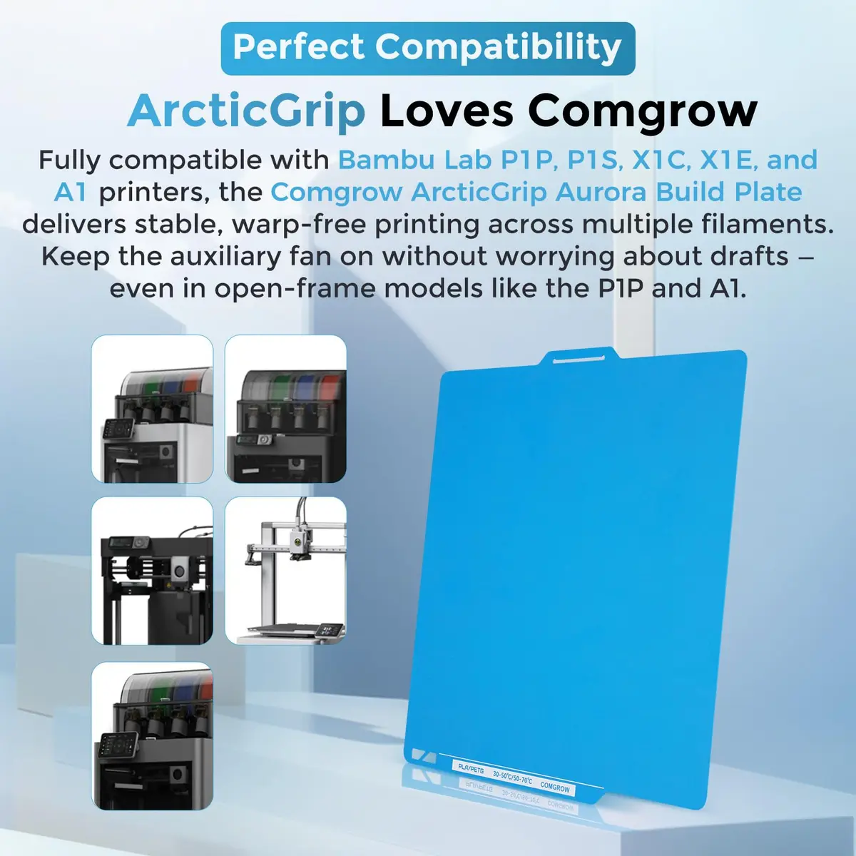Comgrow ArcticGrip Aurora Build Plate 257x257mm | Frost Matte Blue Cold Print Surface for Bambu Lab A1/P1/X1 - view 4