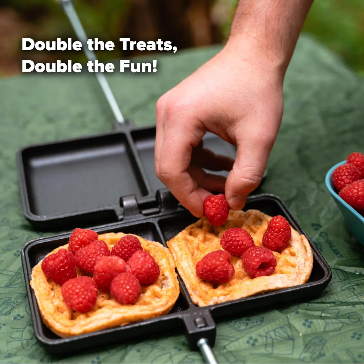 Coghlan's Double Cast Iron Camp Cooker – Pre-Seasoned Double Pie Iron for Campfire Cooking, Makes 2 Camping Pies at Once, Removable Handles, Wooden Grips & Cleaning Scrubber - view 5