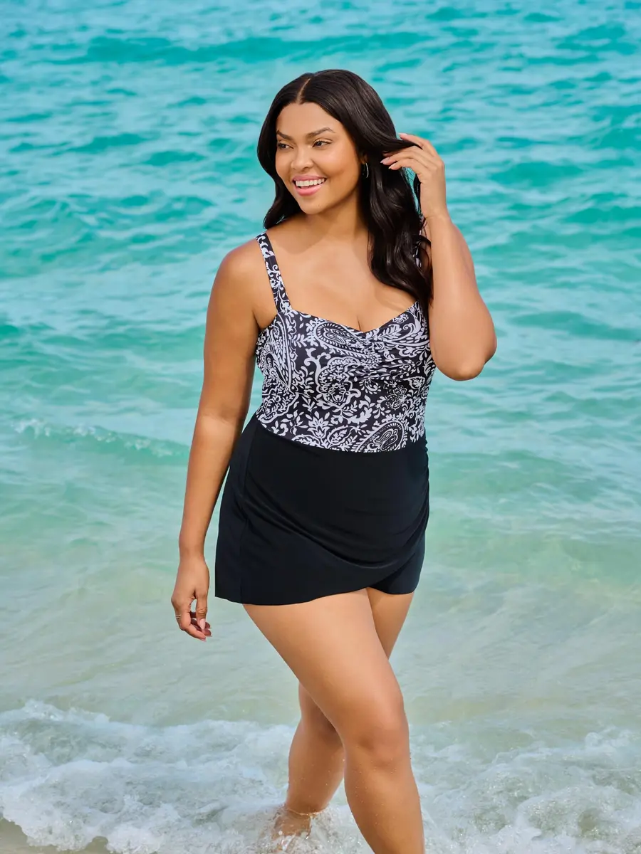 Trimshaper Womens Tummy Control Laura Swimdress with Sweetheart Neckline and Molded Cups | Boho Classic, Size 16 - view 2