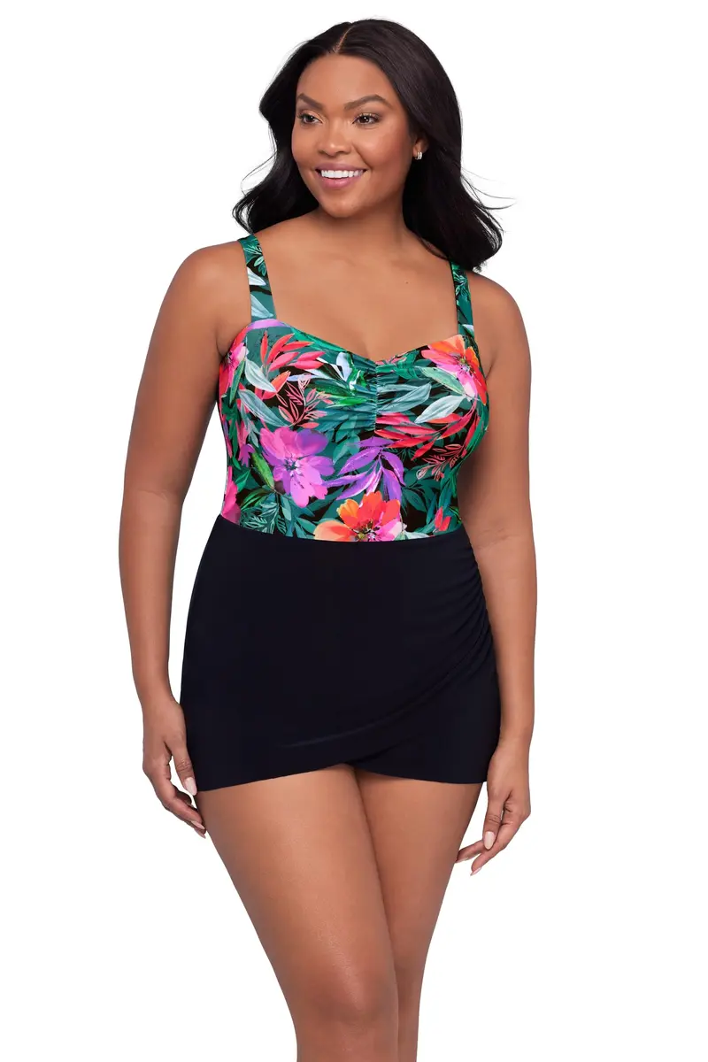 Trimshaper Tummy Control Laura Swimdress with Molded Cups & Sweetheart Neckline, Lush Paradise, Size 12 | Elegant & Supportive - main product image