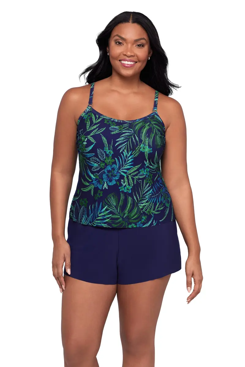 Trimshaper Tummy Control Swim Romper with Built-in Bra & Adjustable Straps | Fitted, Polyester-Spandex Blend, Tropical Tessellation, Size 16 - main product image