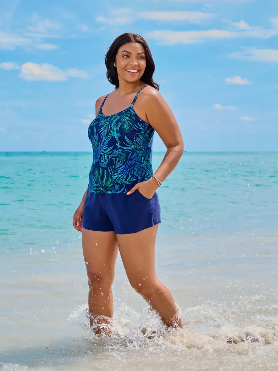 Trimshaper Tummy Control Swim Romper with Built-in Bra & Adjustable Straps | Fitted, Polyester-Spandex Blend, Tropical Tessellation, Size 16 - view 2