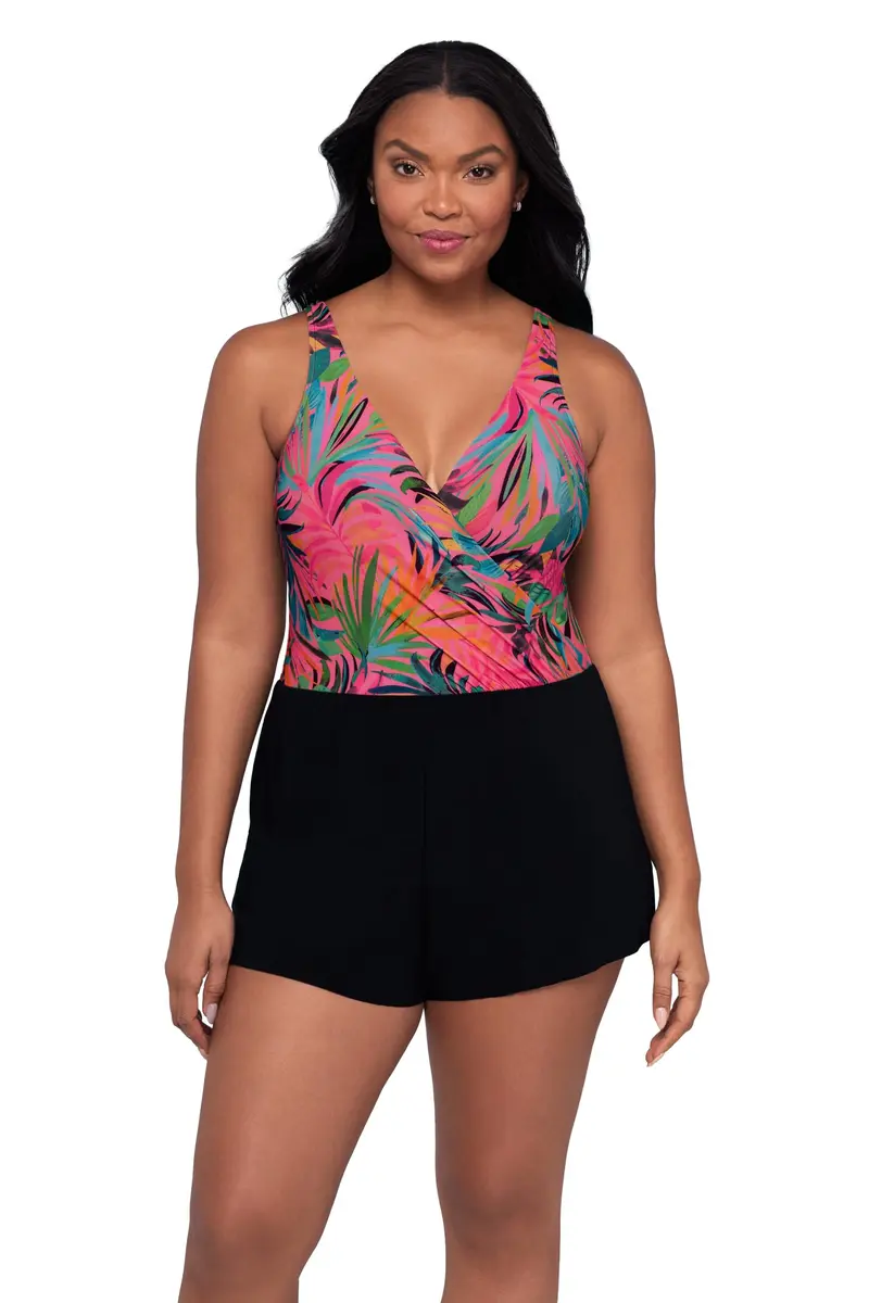 Trimshaper Womens Full Tummy Control Kim Swim Romper with Pockets and Built-in Bra | Amazonian Palms, Size 12, Full Support & Style - main product image