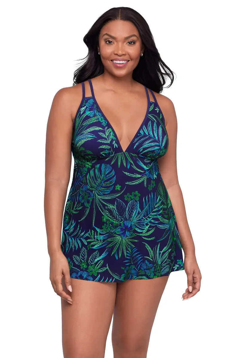 Trimshaper Womens Built-in Tummy Control Tracey Swimdress with Adjustable Side Tie, Tropical Tessellation | Flattering & Supportive (70-120 chars) - main product image