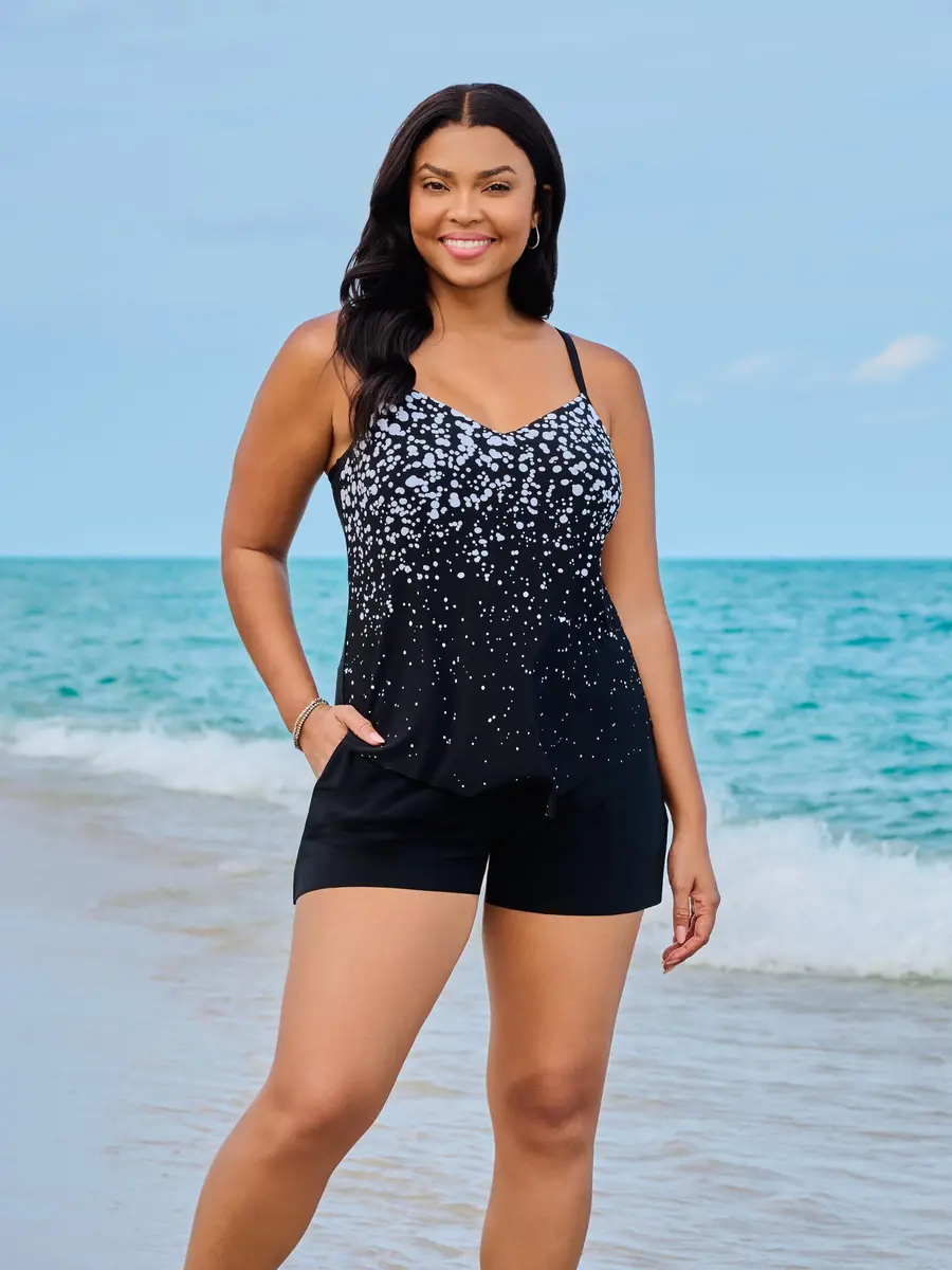 Trimshaper Full Tummy Control Hank Swim Romper with Removable Cups & Adjustable Straps | Confetti Dot Ombre, Size 16 - view 2
