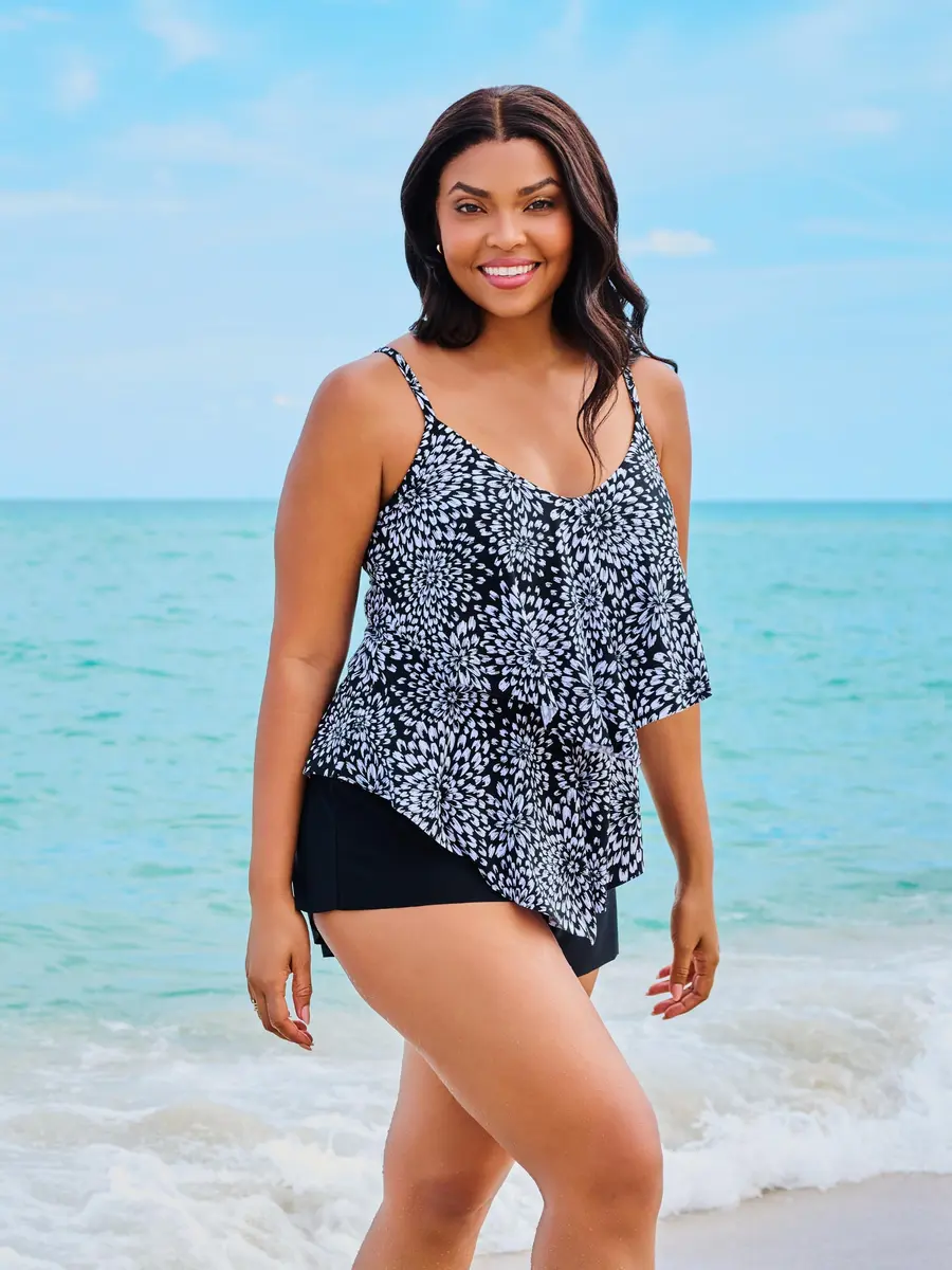Trimshaper Womens Double Tier Ronnie Swim Tankini Top with Fully Lined Back and Bra Support, Noir Blooms, 14 | Supportive, Fully Lined & Adjustable - view 2