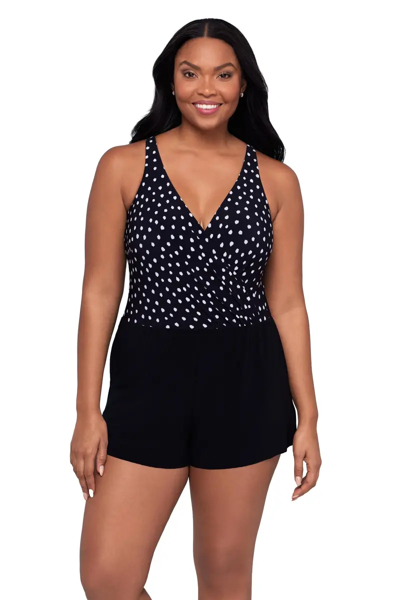Trimshaper Womens Full Tummy Control Kim Swim Romper with Pockets and Built-in Bra | Confetti Dot, Size 12, USA Import - main product image