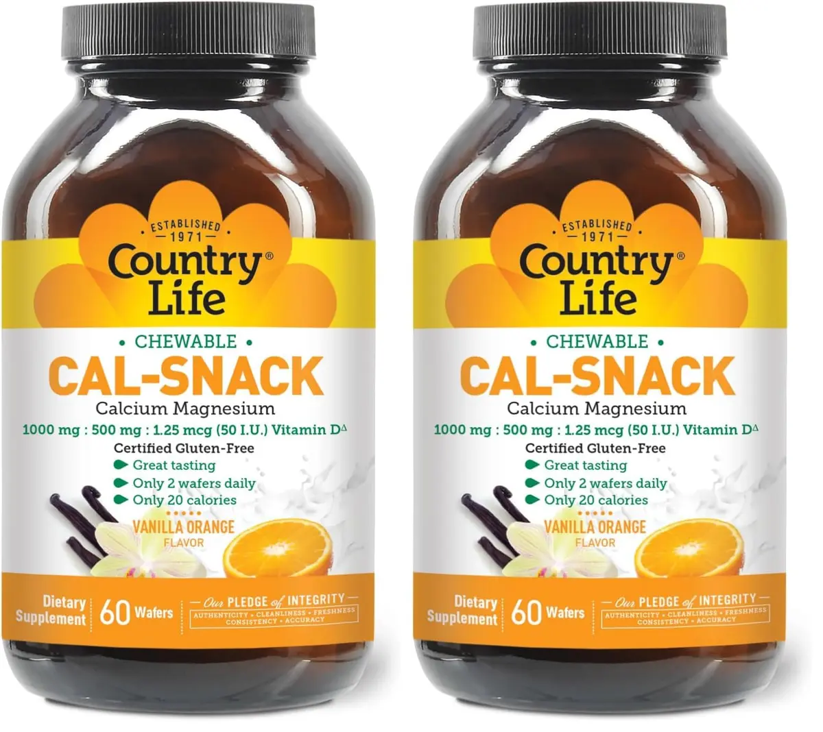Country Life Cal-Snack Chewable Calcium Magnesium with Vitamin D 60 Wafers Vanilla Orange | Dairy-Free, Vegan, Gluten-Free - main product image