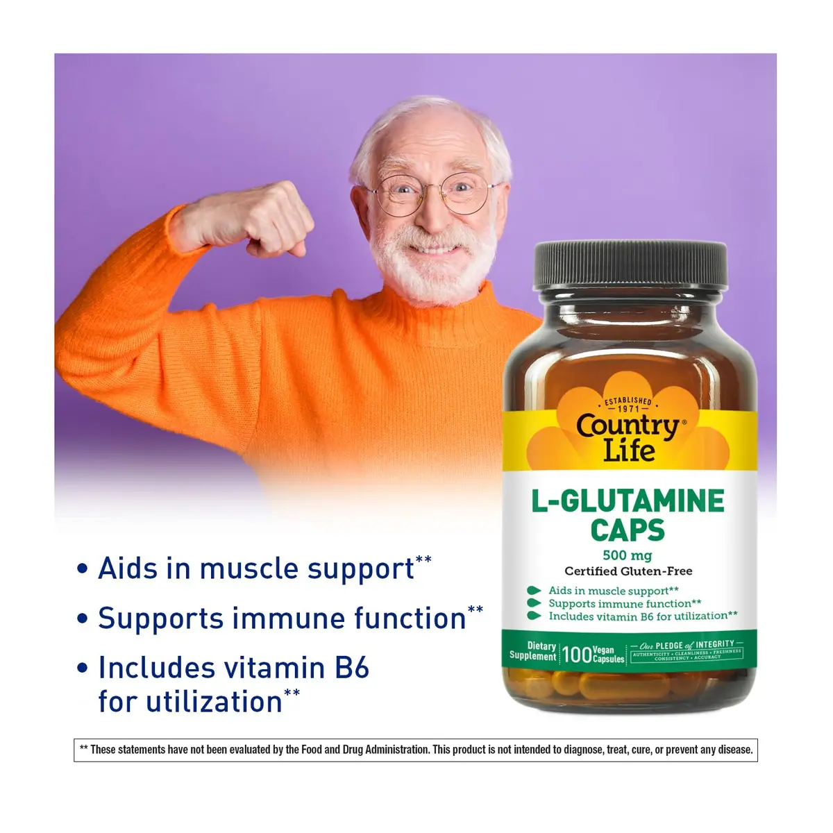 Country Life L-Glutamine 500 mg with B6 | Supports Muscle Recovery & Gut Health (100 Capsules Pack of 2) - view 2