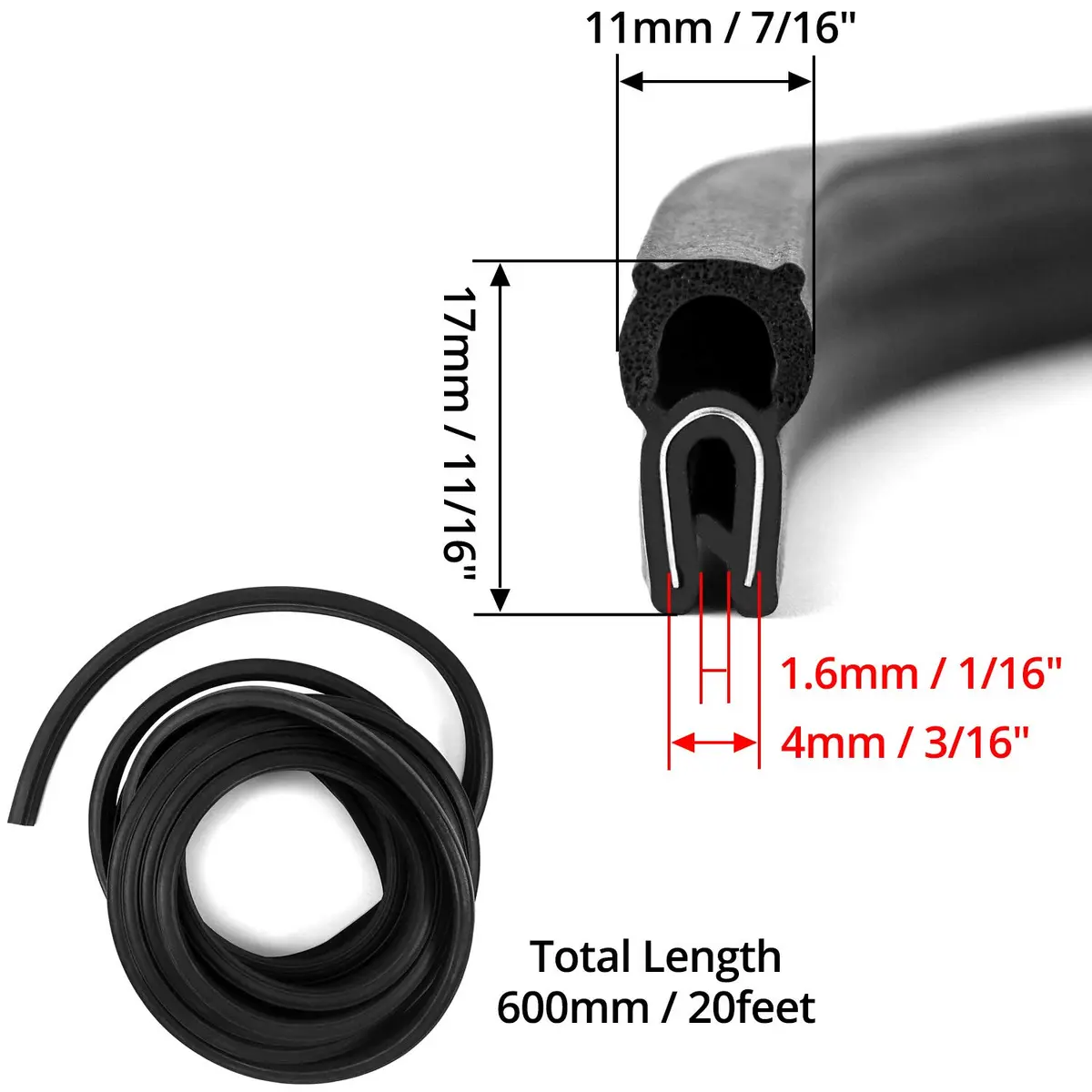 QWORK 20 Feet EPDM Rubber Trim Seal with Top Bulb | Fits Edge 1/16" to 1/8" (Pack of 2) - view 4